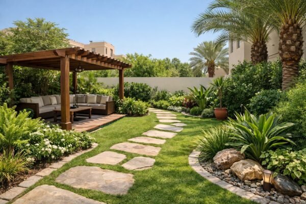 حديقة فيلا بالنزهة مع جلسة مظللة وممر حجري