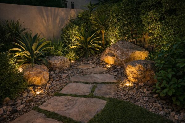 زاوية حديقة بالنزهة بحصى وصخور وإضاءة أرضية ليلية