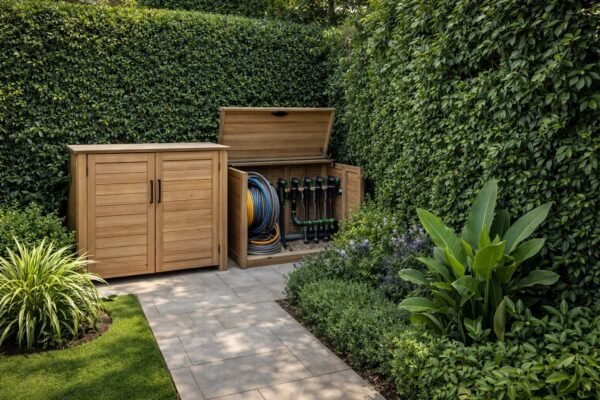 زاوية صيانة مخفية في حديقة فيلا بالفيحاء مع خزانة خارجية وتنظيم الخراطيم