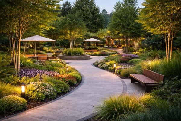 حديقة عامة تحتوي على مسارات للمشي وأماكن جلوس ونباتات متنوعة