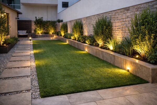 حديقة بالشرق الكويت بممر حجري وثيل صناعي