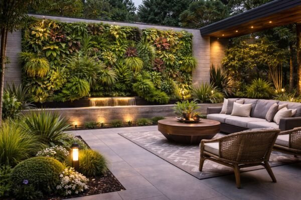 حديقة عصرية مع جدار حي ونباتات رأسية