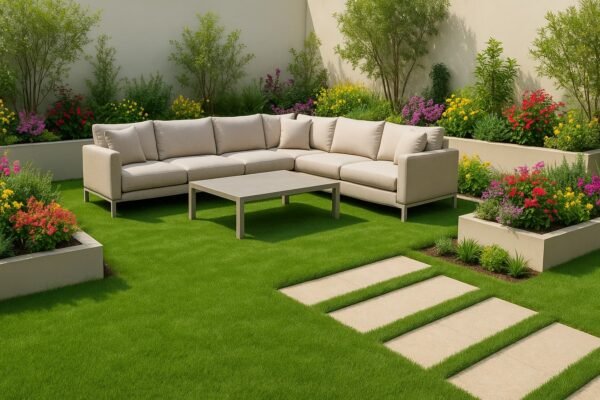 حديقة منزلية في الروضة مع جلسة ركنية بأثاث محايد وثيل أخضر