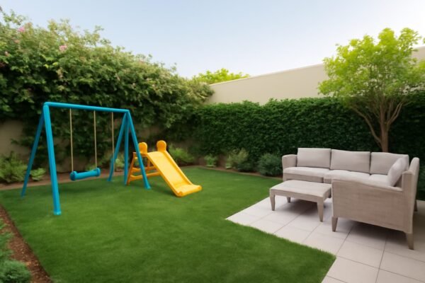 حديقة منزلية في الروضة تحتوي على مساحة لعب للأطفال وجلسة للأهل