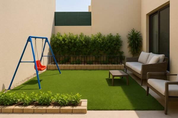 حديقة منزلية بالصوابر مع مساحة لعب للأطفال