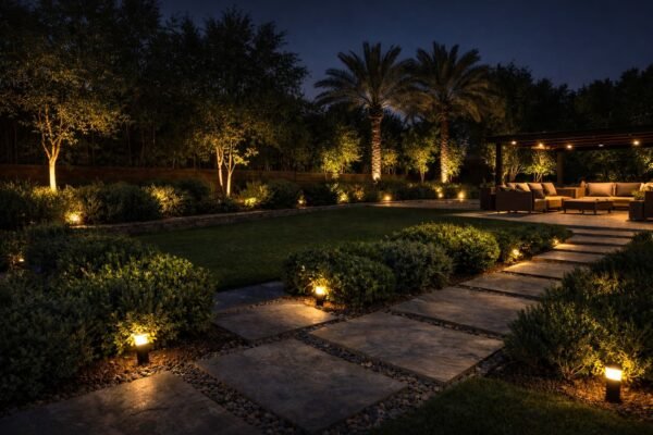 حديقة منزل في الدعية ليلاً بممر حجري مضاء وجلسة خارجية