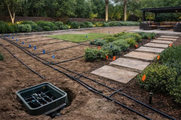 تنفيذ شبكة ري بحديقة منزل في الدعية قبل الردم مع تقسيم مناطق الزراعة