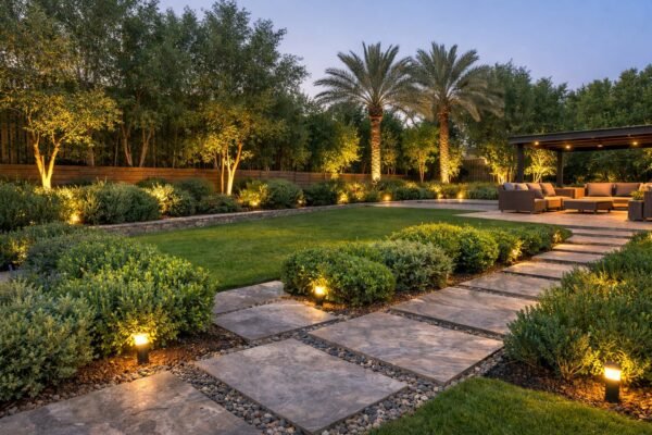 حديقة منزل في الدعية بممر حجري وإضاءة أرضية وجلسة خارجية