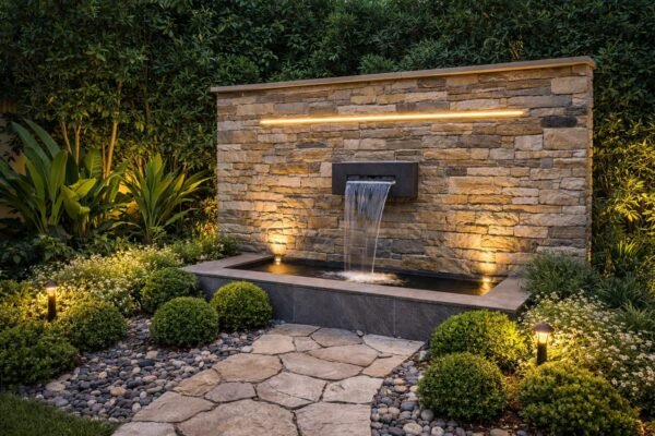 ركن ديكوري بنافورة جدارية داخل حديقة المنصورية