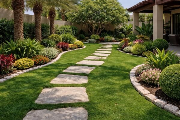 ممرات حجرية داخل حديقة منسقة في كيفان محاطة بالثيل الأخضر والنباتات الجانبية