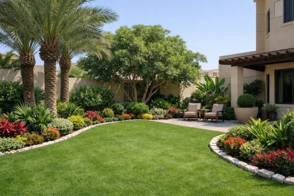 تصميم حديقة منزلية في كيفان بنخيل وأشجار ظل