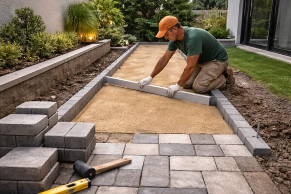 تأسيس ممر حديقة بالدسمة قبل تركيب البلاط المتداخل