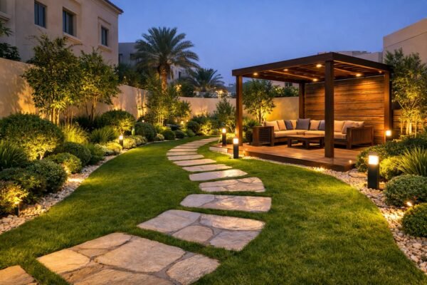 تنسيق حدائق حديث في الوطية بممر حجري متعرج وجلسة خشبية مظللة