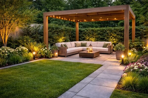 جلسة خارجية أنيقة ببرجولا خشبية داخل حديقة بنيد القار