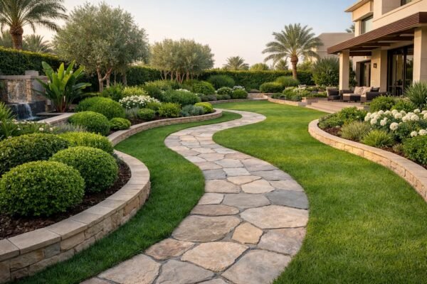 حديقة منزلية راقية في الكويت بممر حجري متعرج وثيل أخضر