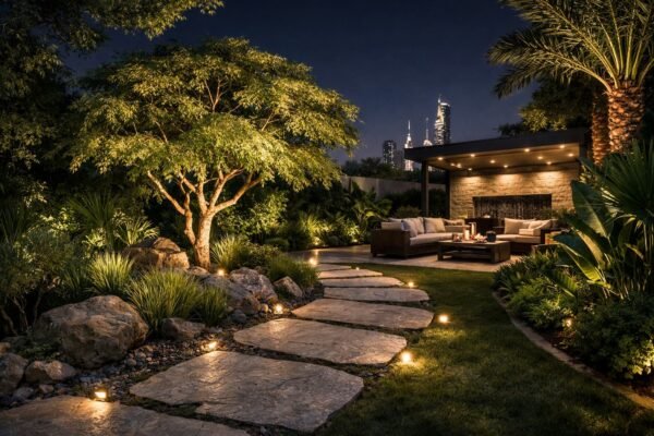 حديقة منزلية ليلية راقية في الكويت بممر حجري وإضاءة أرضية وجلسة خارجية أنيقة