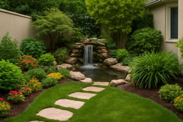 حديقة منزلية جميلة تحتوي على نباتات متنوعة وممرات حجرية مع شلال مياه صغير لإضفاء جو طبيعي