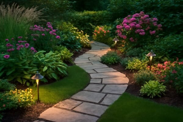 حديقة منزلية تحتوي على نباتات جميلة متنوعة، مدمجة مع ممرات حجرية مميزة وإضاءة ناعمة تضفي جوًا هادئًا