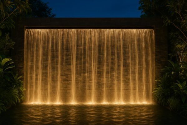 شلال جداري كبير مضاء ليلاً ومحاط بالنباتات الخضراء