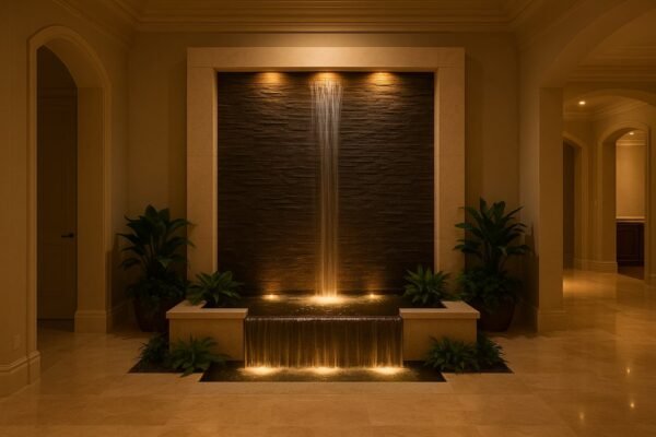 شلال داخلي مضاء بإضاءة خافتة داخل منزل فاخر