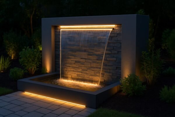 شلال حديث مضاء بإضاءة LED وسط حديقة صغيرة ليلاً