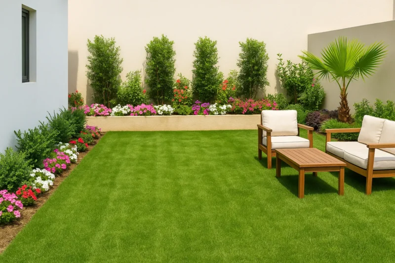 عشب طبيعي ونباتات زينة في حديقة منزلية بمدينة السرة بالكويت