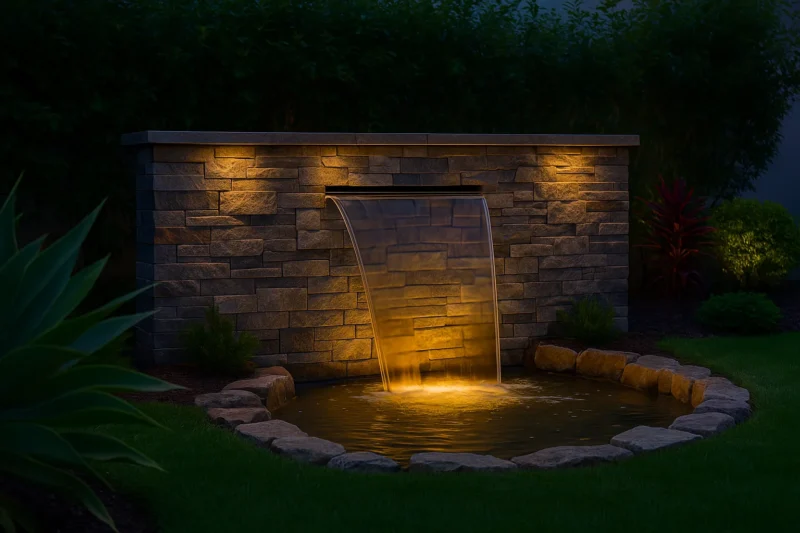 شلال صناعي مضاء داخل حديقة منزلية في السرة بالكويت