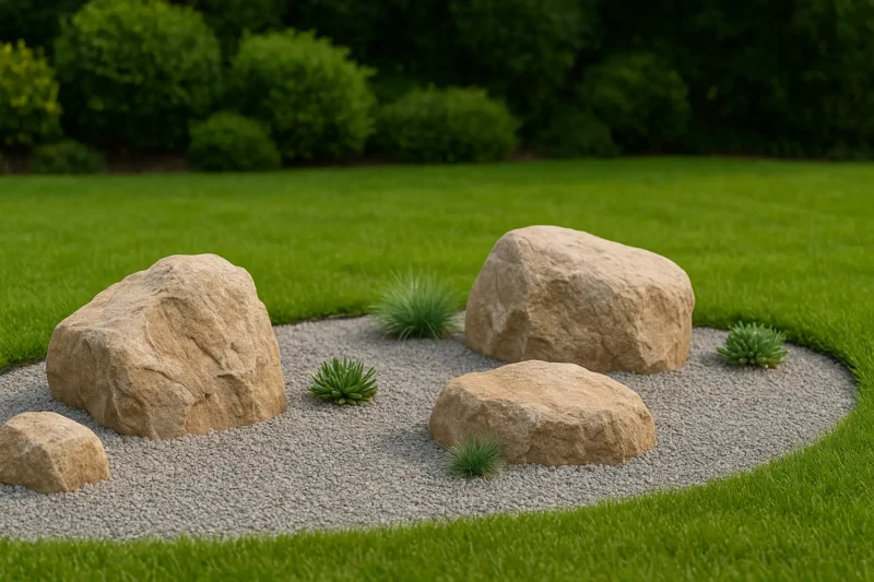 تكوين حديث لثلاثة صخور كبيرة متباعدة وسط حديقة خضراء بالكويت