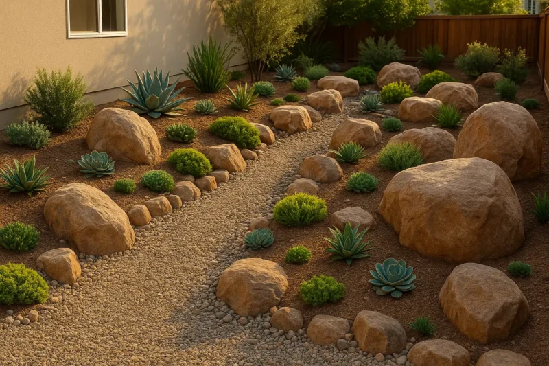 حديقة صخرية منزلية في الكويت بتصميم طبيعي يجمع بين الصخور والنباتات