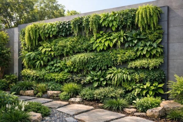 حديقة عمودية طبيعية على جدار خارجي بتصميم حديث