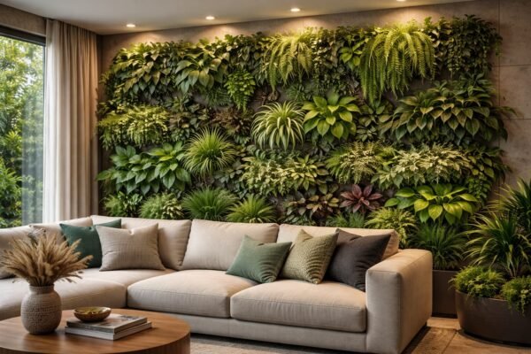 حديقة عمودية داخلية فاخرة في غرفة معيشة عصرية