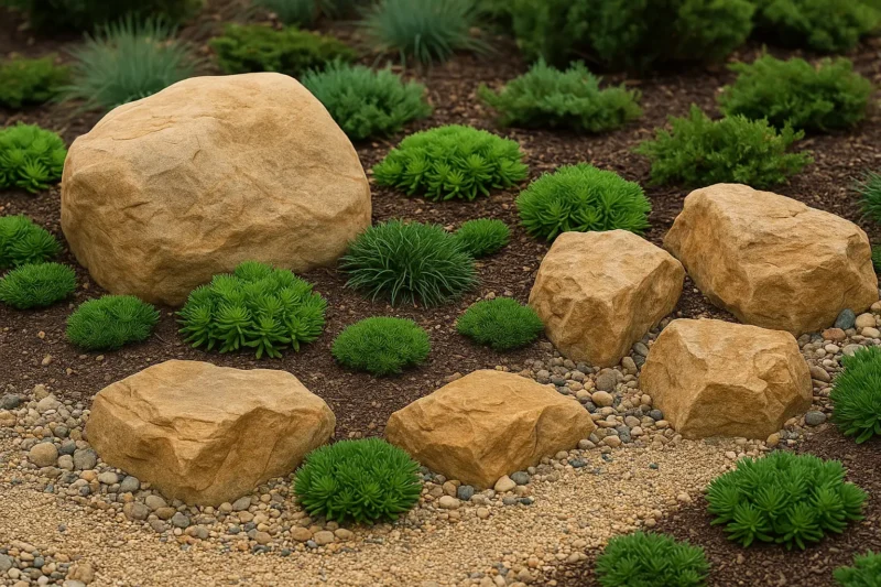 حديقة صخرية منزلية في الكويت بتصميم طبيعي يجمع بين الصخور والنباتات