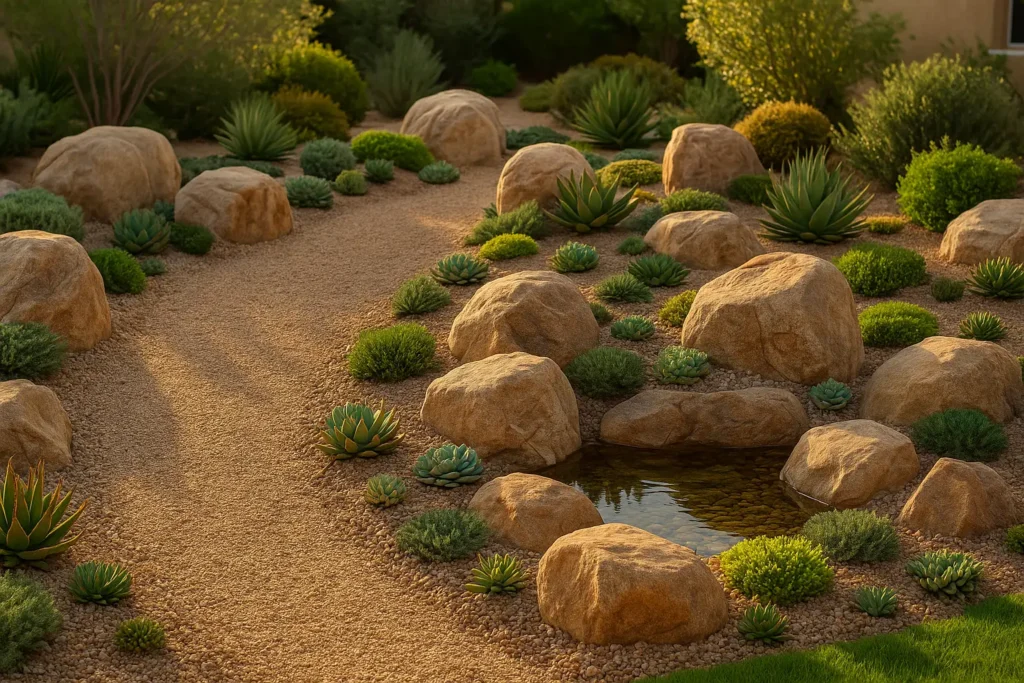 تصميم حديقة صخرية منزلية في الكويت تجمع بين الصخور والنباتات والعناصر المائية