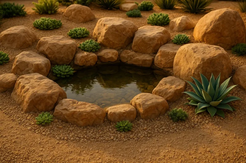 بركة مائية صغيرة وسط أحجار كبيرة ونباتات عصارية في حديقة صخرية بالكويت