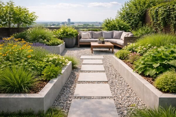 تقسيم سطح إلى حديقة معلّقة بأحواض منفصلة ومنطقة جلسة ومسارات خفيفة