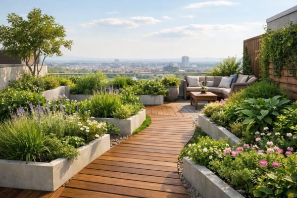 تصميم حديقة معلّقة على سطح منزل بأحواض خفيفة ونباتات خضراء