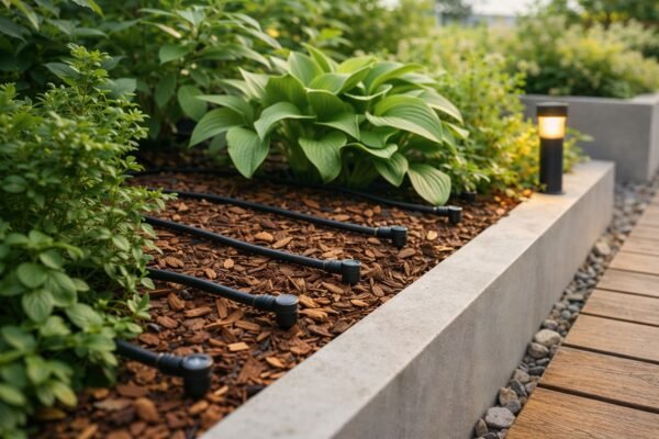 تفاصيل ري وصيانة في حديقة معلّقة بأحواض خفيفة ونباتات صحية