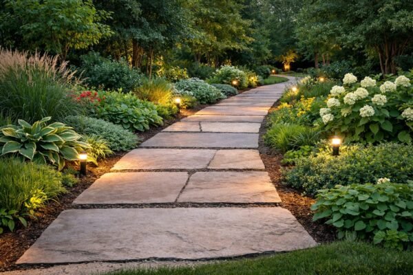 ممر حجري داخل حديقة خضراء بإضاءة أرضية