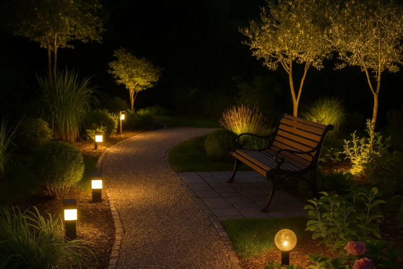 تصاميم الإضاءة الخارجية للحدائق في الكويت – صورة لحديقة ليلية بممرات مضاءة وإضاءة دافئة