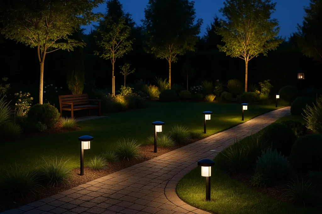 تصميم إضاءة حدائق حديثة في الكويت بإضاءة بيضاء ناعمة