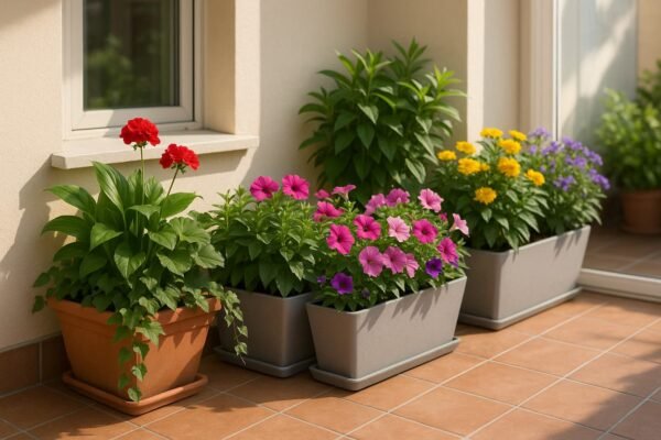 أحواض زراعة منزلية أنيقة بنباتات وزهور ملونة في شرفة مضيئة