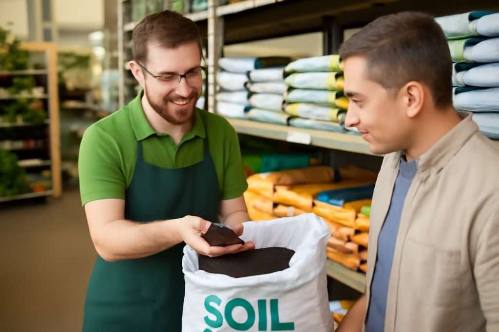 التربة الزراعية للحدائق موظف في متجر للتربة الزراعية يشرح للعميل نوع التربة