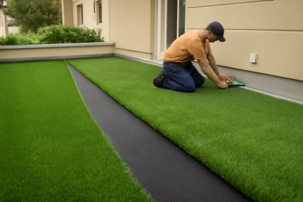 تركيب الثيل الصناعي على سطح منزل مع التأكد من وجود تصريف جيد للمياه.