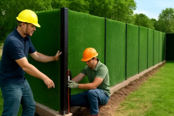 فريق عمل متخصص يقوم بتركيب سياج تركي مغطي بالثيل الصناعي، أثناء تثبيت الأعمدة الأولية