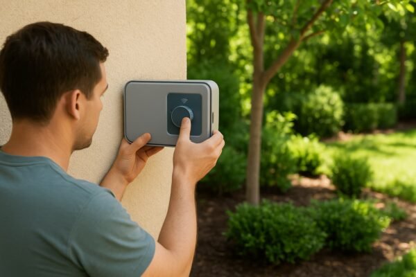 فني يركب وحدة تحكم ذكية لنظام ري في حديقة منزلية