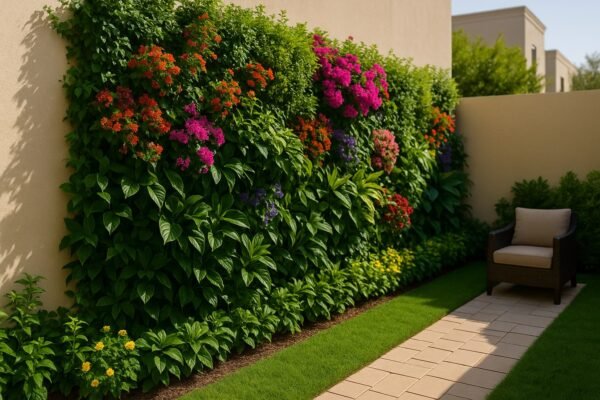 جدار مزروع بالنباتات في حديقة فيلا بالكويت