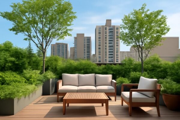 حديقة سطح مع نباتات وأثاث مريح