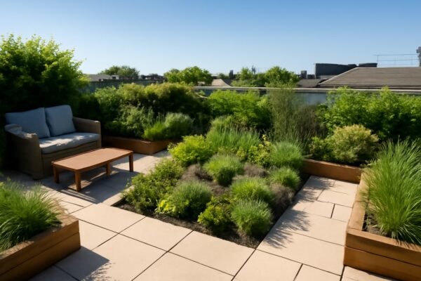حديقة سطح مع تقسيم واضح للمساحة، منطقة جلوس، نباتات متنوعة، وممرات