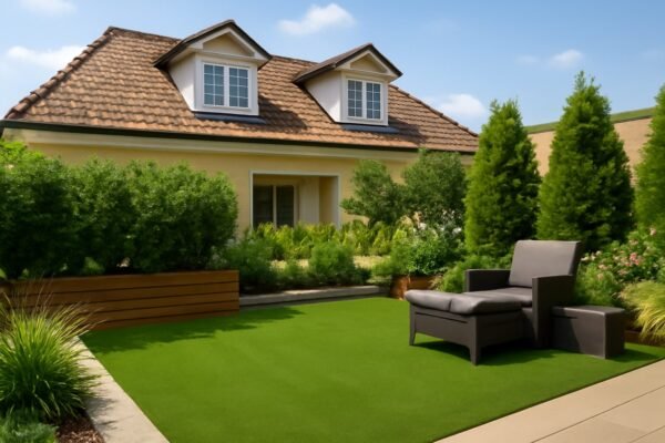 حديقة على سطح منزل مع ثيل صناعي وأثاث مريح