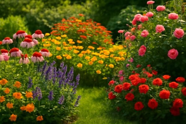 حديقة مزهرة تحتوي على زهور متنوعة ونباتات طبيعية.